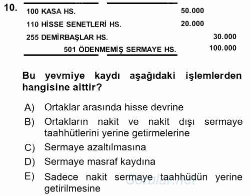 Şirketler Muhasebesi 2017 - 2018 3 Ders Sınavı 10.Soru
