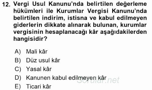 Şirketler Muhasebesi 2017 - 2018 3 Ders Sınavı 12.Soru