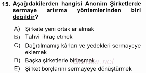 Şirketler Muhasebesi 2017 - 2018 3 Ders Sınavı 15.Soru
