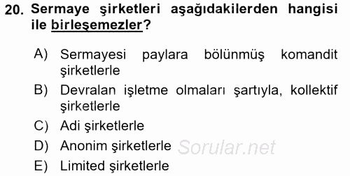 Şirketler Muhasebesi 2017 - 2018 3 Ders Sınavı 20.Soru