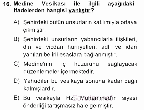 İslam Tarihi ve Medeniyeti 1 2013 - 2014 Ara Sınavı 16.Soru