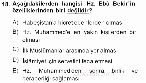 İslam Tarihi ve Medeniyeti 1 2013 - 2014 Ara Sınavı 18.Soru