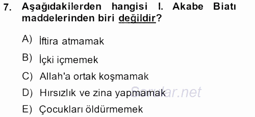 İslam Tarihi ve Medeniyeti 1 2013 - 2014 Ara Sınavı 7.Soru