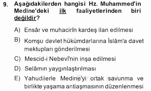 İslam Tarihi ve Medeniyeti 1 2013 - 2014 Ara Sınavı 9.Soru