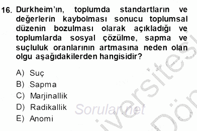 Sosyoloji 1 2013 - 2014 Dönem Sonu Sınavı 16.Soru