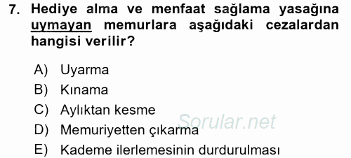 Memur Hukuku 2017 - 2018 3 Ders Sınavı 7.Soru