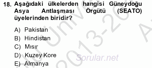 Siyasi Tarih 2 2013 - 2014 Ara Sınavı 18.Soru