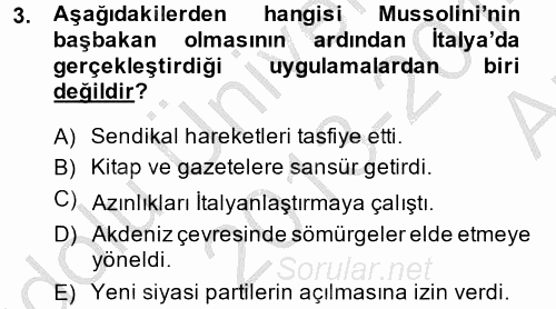 Siyasi Tarih 2 2013 - 2014 Ara Sınavı 3.Soru