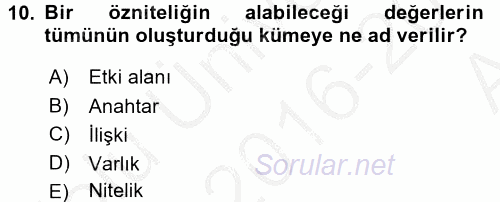 Veritabanı Sistemleri 2016 - 2017 Ara Sınavı 10.Soru