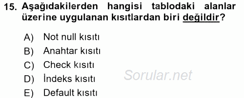 Veritabanı Sistemleri 2016 - 2017 Ara Sınavı 15.Soru