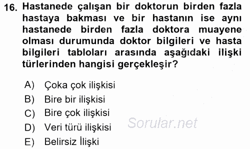 Veritabanı Sistemleri 2016 - 2017 Ara Sınavı 16.Soru