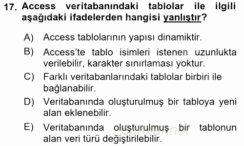 Veritabanı Sistemleri 2016 - 2017 Ara Sınavı 17.Soru