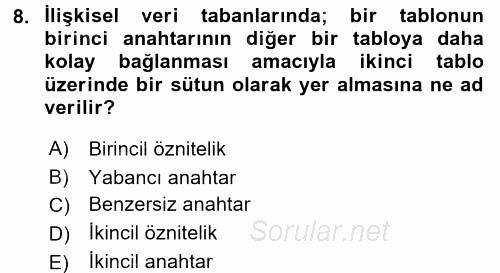 Veritabanı Sistemleri 2016 - 2017 Ara Sınavı 8.Soru