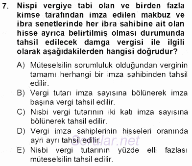 Damga Vergisi Ve Harçlar Bilgisi 2013 - 2014 Tek Ders Sınavı 7.Soru