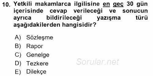 Mesleki Yazışmalar 2017 - 2018 3 Ders Sınavı 10.Soru