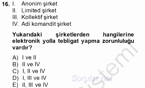 Yargı Örgütü Ve Tebligat Hukuku 2014 - 2015 Dönem Sonu Sınavı 16.Soru