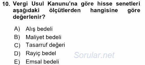 Envanter ve Bilanço 2016 - 2017 Dönem Sonu Sınavı 10.Soru