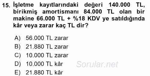 Envanter ve Bilanço 2016 - 2017 Dönem Sonu Sınavı 15.Soru