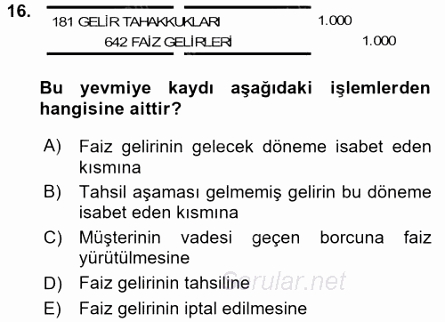 Envanter ve Bilanço 2016 - 2017 Dönem Sonu Sınavı 16.Soru