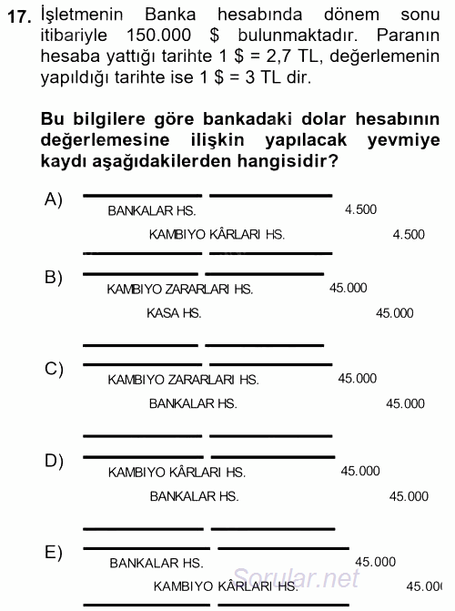 Envanter ve Bilanço 2016 - 2017 Dönem Sonu Sınavı 17.Soru