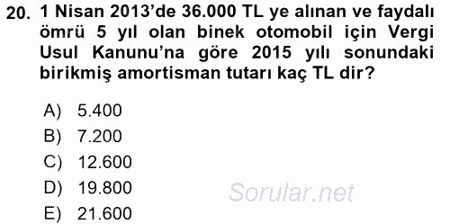 Envanter ve Bilanço 2016 - 2017 Dönem Sonu Sınavı 20.Soru