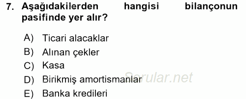 Envanter ve Bilanço 2016 - 2017 Dönem Sonu Sınavı 7.Soru