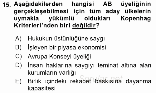 Avrupa Birliği ve Türkiye İlişkileri 2017 - 2018 Dönem Sonu Sınavı 15.Soru