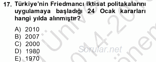 Türk Siyasal Hayatı 2014 - 2015 Dönem Sonu Sınavı 17.Soru
