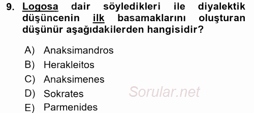 İlkçağ Felsefesi 2017 - 2018 Ara Sınavı 9.Soru
