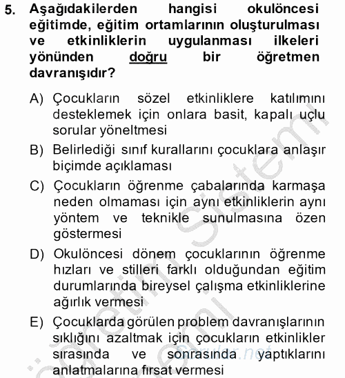 Özel Öğretim Yöntemleri 1 2014 - 2015 Dönem Sonu Sınavı 5.Soru