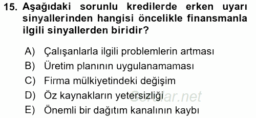 Bankalarda Kredi Yönetimi 2016 - 2017 Dönem Sonu Sınavı 15.Soru