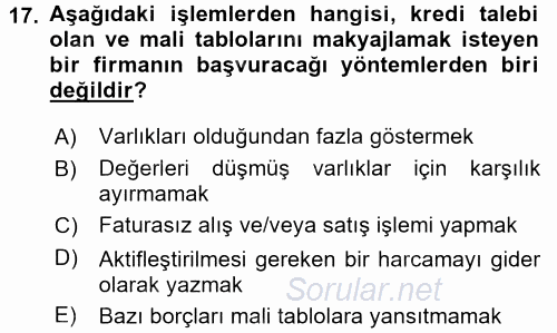 Bankalarda Kredi Yönetimi 2016 - 2017 Dönem Sonu Sınavı 17.Soru