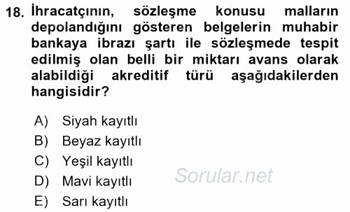 Bankalarda Kredi Yönetimi 2016 - 2017 Dönem Sonu Sınavı 18.Soru