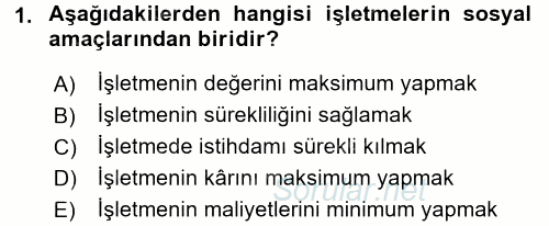 Finansal Yönetim 1 2016 - 2017 3 Ders Sınavı 1.Soru