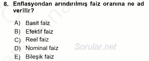 Finansal Yönetim 1 2016 - 2017 3 Ders Sınavı 8.Soru