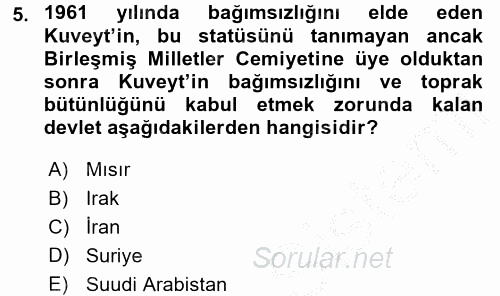 Modern Ortadoğu Tarihi 2016 - 2017 3 Ders Sınavı 5.Soru