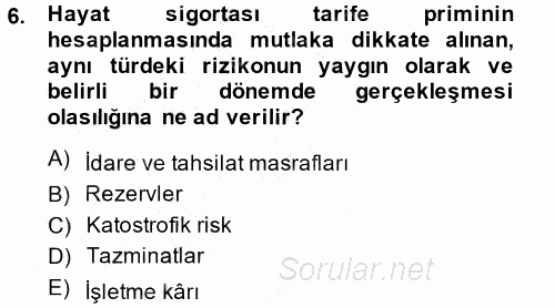 Hayat Sigortaları Ve Bireysel Emeklilik Sistemi 2013 - 2014 Dönem Sonu Sınavı 6.Soru