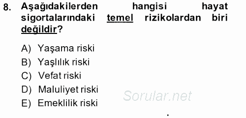 Hayat Sigortaları Ve Bireysel Emeklilik Sistemi 2013 - 2014 Dönem Sonu Sınavı 8.Soru