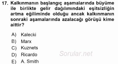 Gelir Dağılımı ve Yoksulluk 2015 - 2016 Tek Ders Sınavı 17.Soru