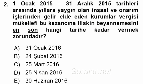 İnşaat ve Gayrimenkul Muhasebesi 2015 - 2016 Dönem Sonu Sınavı 2.Soru