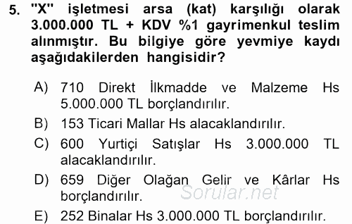 İnşaat ve Gayrimenkul Muhasebesi 2015 - 2016 Dönem Sonu Sınavı 5.Soru