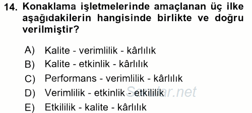 Konaklama Hizmetlerinde Kalite Yönetimi 2017 - 2018 Dönem Sonu Sınavı 14.Soru