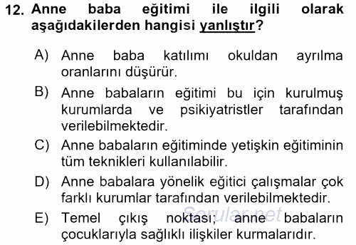 Anne Baba Eğitimi 2016 - 2017 Dönem Sonu Sınavı 12.Soru