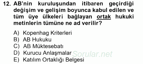 Avrupa Birliği ve Türkiye İlişkileri 2014 - 2015 Tek Ders Sınavı 12.Soru