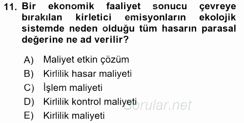 Doğal Kaynaklar ve Çevre Ekonomisi 2017 - 2018 Dönem Sonu Sınavı 11.Soru