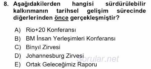 Doğal Kaynaklar ve Çevre Ekonomisi 2017 - 2018 Dönem Sonu Sınavı 8.Soru