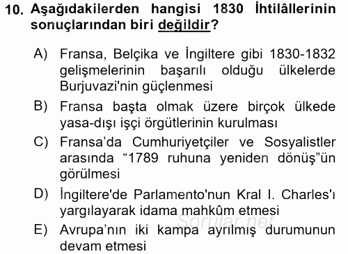 Siyasi Tarih 1 2016 - 2017 Dönem Sonu Sınavı 10.Soru