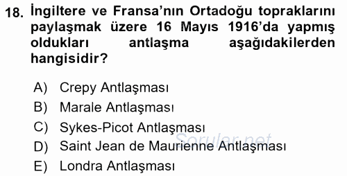 Siyasi Tarih 1 2016 - 2017 Dönem Sonu Sınavı 18.Soru