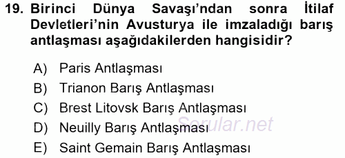 Siyasi Tarih 1 2016 - 2017 Dönem Sonu Sınavı 19.Soru