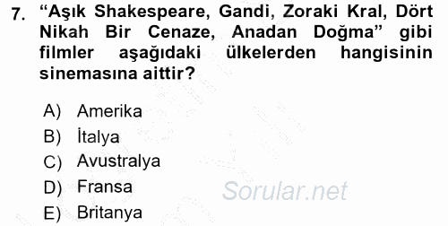 Film ve Video Kültürü 2016 - 2017 3 Ders Sınavı 7.Soru